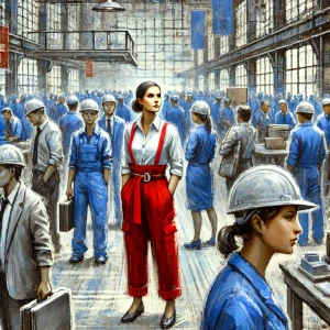 Woman in red while all others workers are in blue”