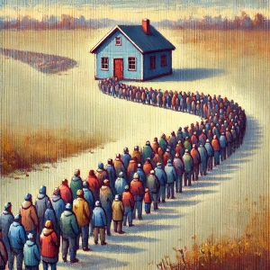 Large queue of people waiting to enter into a small house far away”