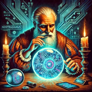 “Nostradamus reading a crystal ball with some tech devices around”