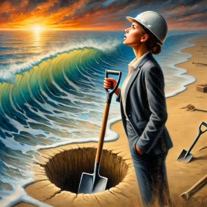 Woman Architect digging a hole on the beach while waves are coming