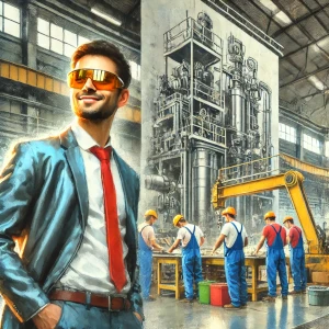 “Man in a factory and looking elsewhere, smiling”